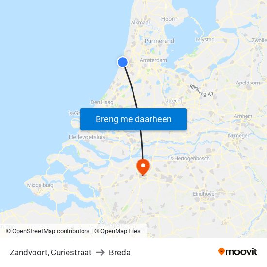 Zandvoort, Curiestraat to Breda map