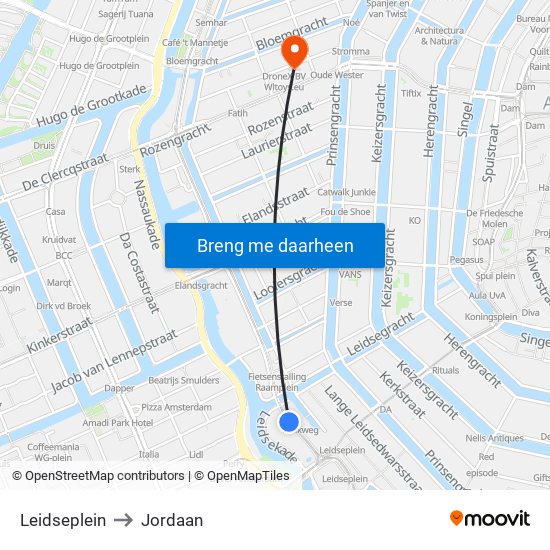 Leidseplein to Jordaan map