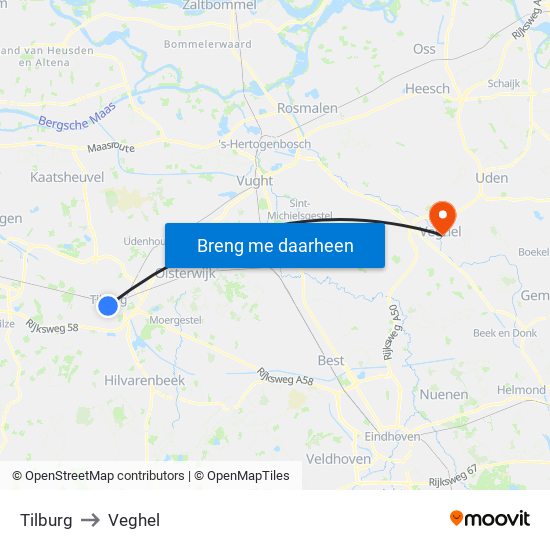 Tilburg to Veghel map