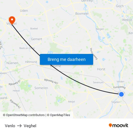 Venlo to Veghel map