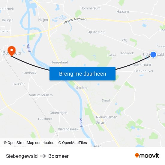 Siebengewald to Boxmeer map