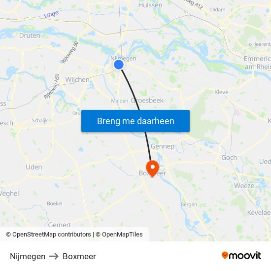 Nijmegen to Boxmeer map