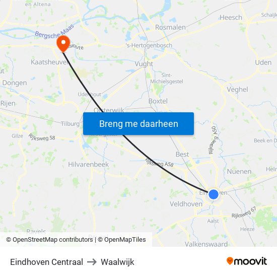 Eindhoven Centraal to Waalwijk map