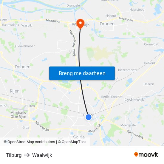 Tilburg to Waalwijk map