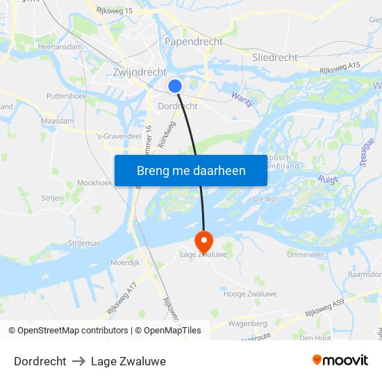 Dordrecht to Lage Zwaluwe map