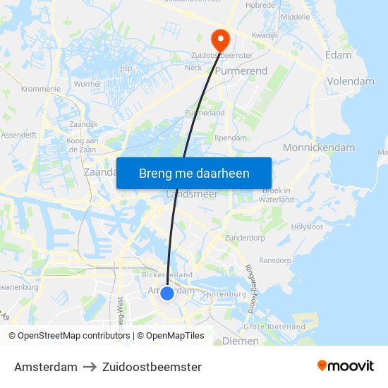 Amsterdam to Zuidoostbeemster map