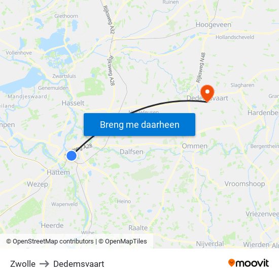 Zwolle to Dedemsvaart map