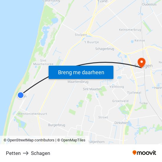 Petten to Schagen map