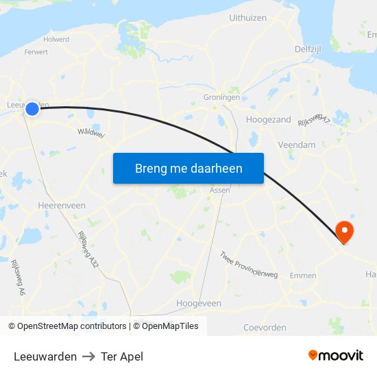 Leeuwarden to Ter Apel map