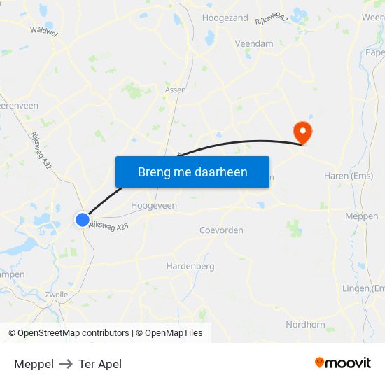 Meppel to Ter Apel map
