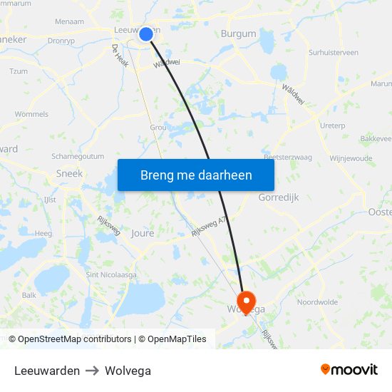 Leeuwarden to Wolvega map