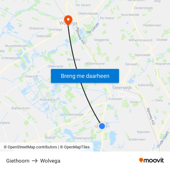 Giethoorn to Wolvega map