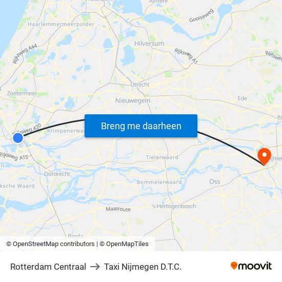 Rotterdam Centraal to Taxi Nijmegen D.T.C. map