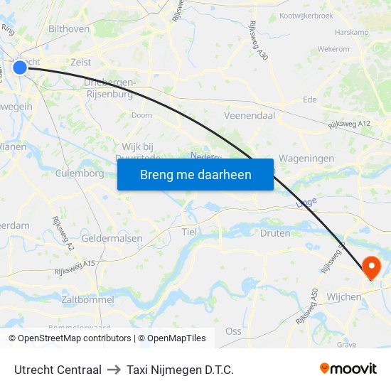 Utrecht Centraal to Taxi Nijmegen D.T.C. map