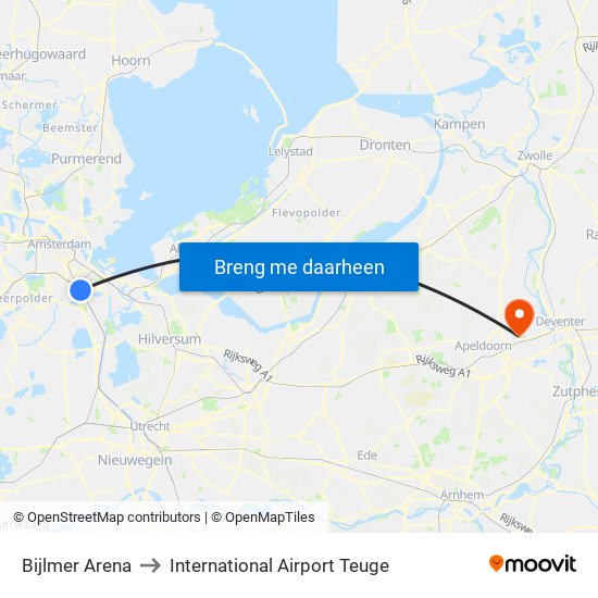 Bijlmer Arena to International Airport Teuge map