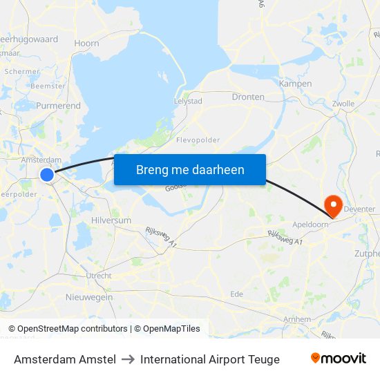 Amsterdam Amstel to International Airport Teuge map