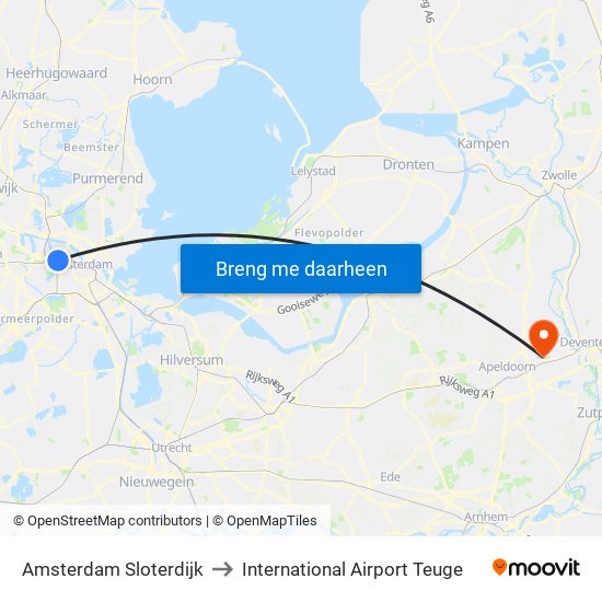 Amsterdam Sloterdijk to International Airport Teuge map