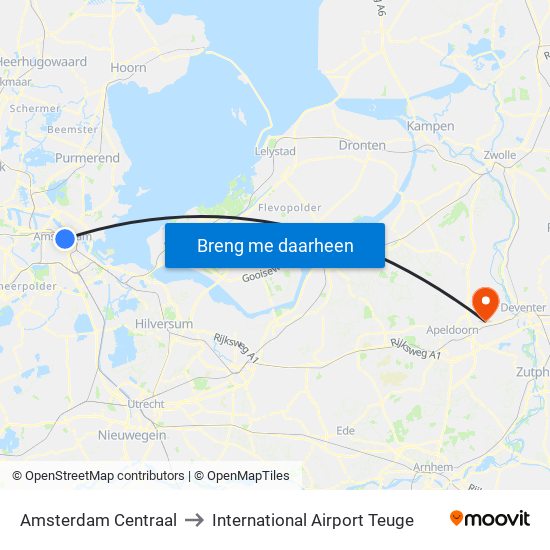 Amsterdam Centraal to International Airport Teuge map