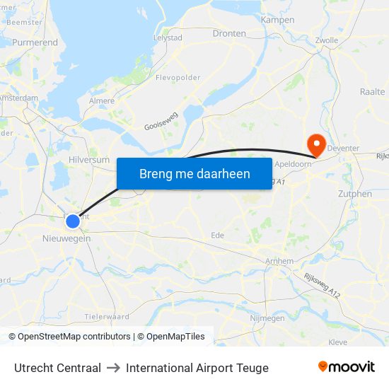 Utrecht Centraal to International Airport Teuge map