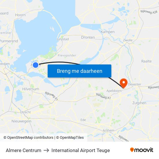 Almere Centrum to International Airport Teuge map