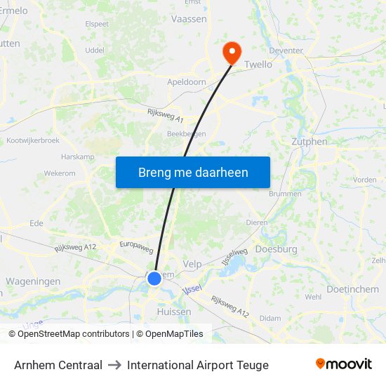 Arnhem Centraal to International Airport Teuge map
