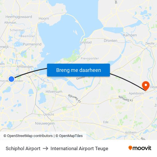 Schiphol Airport to International Airport Teuge map
