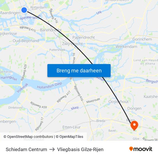 Schiedam Centrum to Vliegbasis Gilze-Rijen map