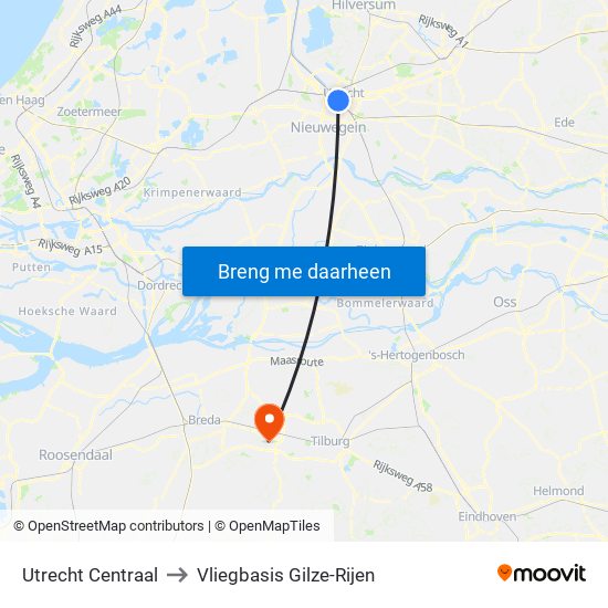 Utrecht Centraal to Vliegbasis Gilze-Rijen map