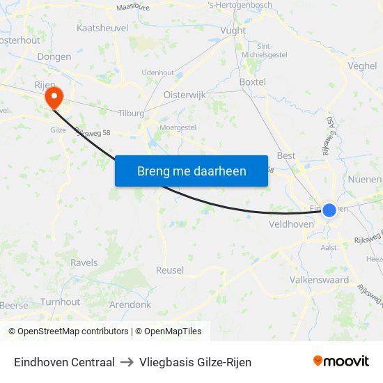 Eindhoven Centraal to Vliegbasis Gilze-Rijen map