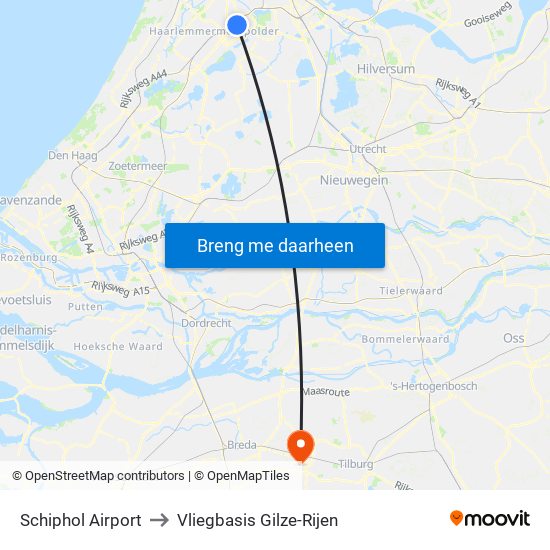 Schiphol Airport to Vliegbasis Gilze-Rijen map