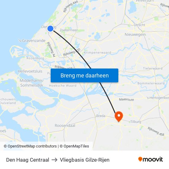 Den Haag Centraal to Vliegbasis Gilze-Rijen map