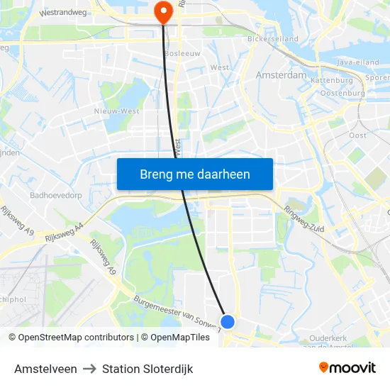 Amstelveen to Station Sloterdijk map