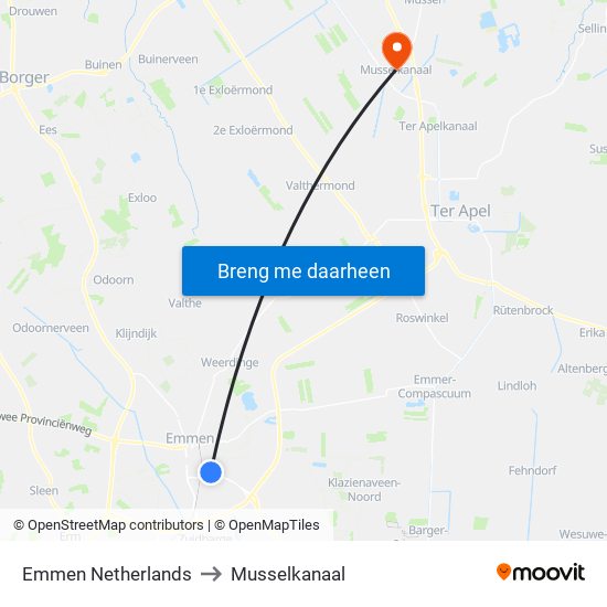 Emmen Netherlands to Musselkanaal map