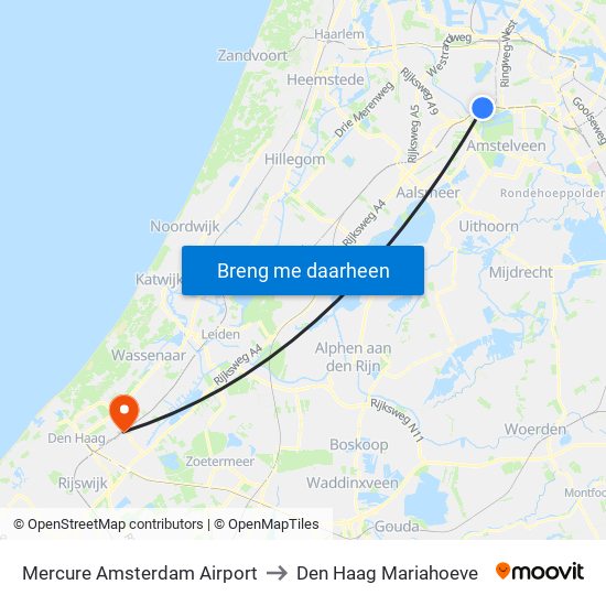 Mercure Amsterdam Airport to Den Haag Mariahoeve map