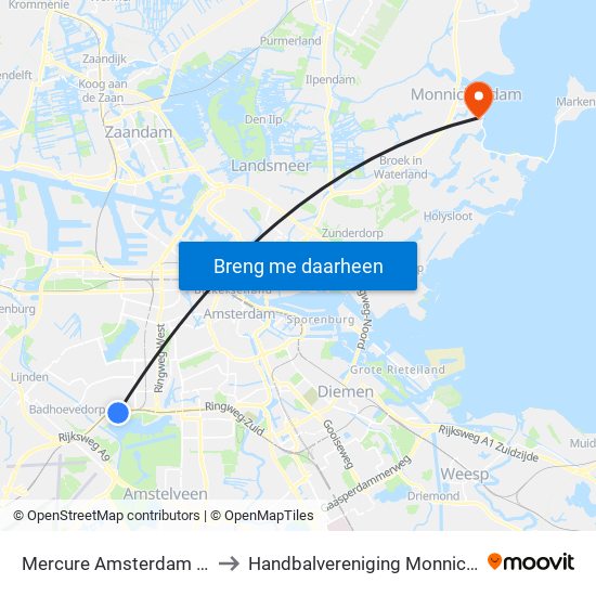 Mercure Amsterdam Airport to Handbalvereniging Monnickendam map