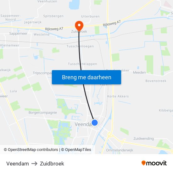 Veendam to Zuidbroek map