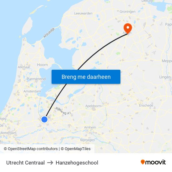 Utrecht Centraal to Hanzehogeschool map