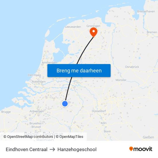 Eindhoven Centraal to Hanzehogeschool map