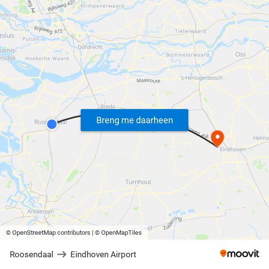 Roosendaal to Eindhoven Airport map
