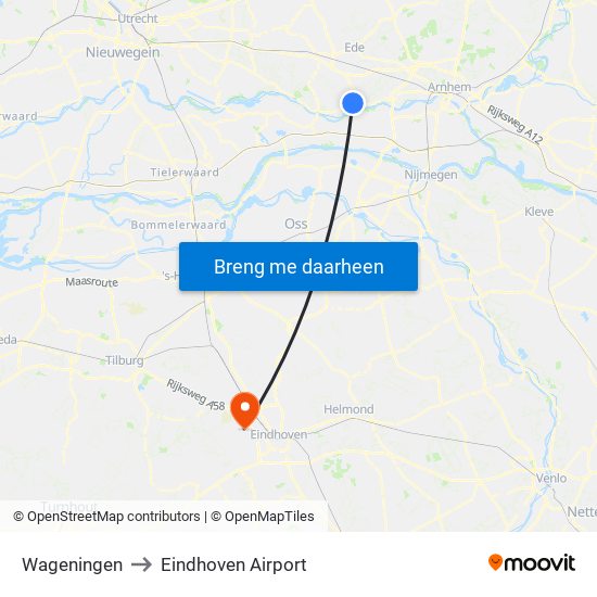 Wageningen to Eindhoven Airport map