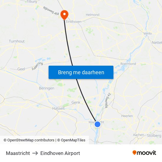 Maastricht to Eindhoven Airport map