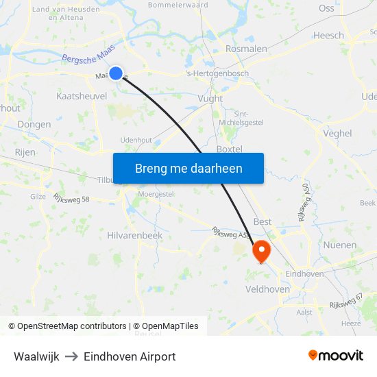 Waalwijk to Eindhoven Airport map