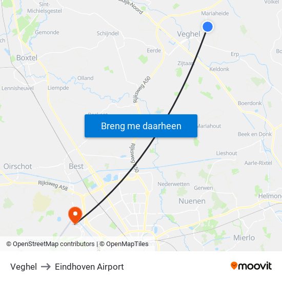Veghel to Eindhoven Airport map