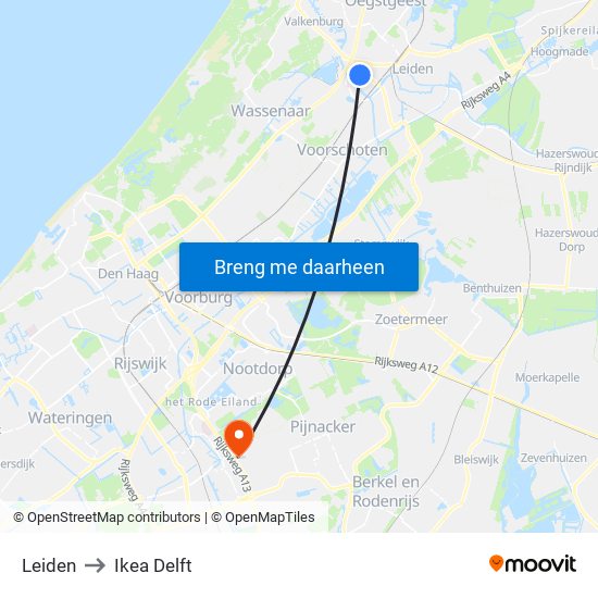 Leiden to Ikea Delft map