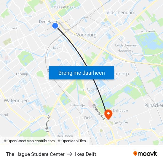 The Hague Student Center to Ikea Delft map