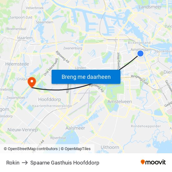 Rokin to Spaarne Gasthuis Hoofddorp map