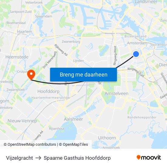 Vijzelgracht to Spaarne Gasthuis Hoofddorp map