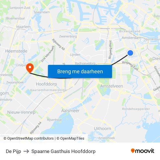 De Pijp to Spaarne Gasthuis Hoofddorp map