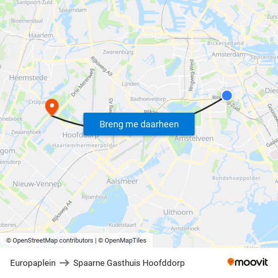 Europaplein to Spaarne Gasthuis Hoofddorp map