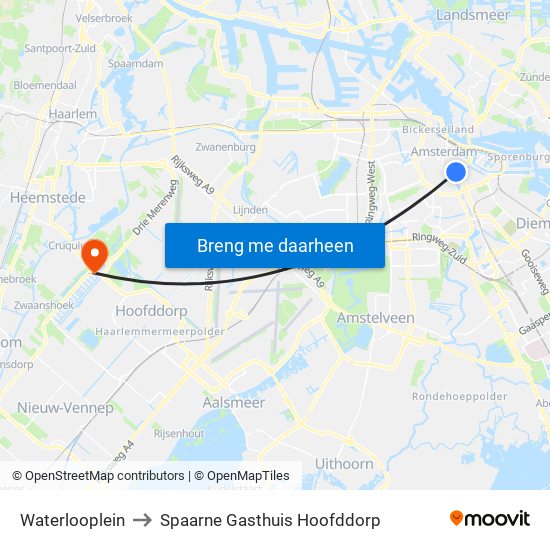 Waterlooplein to Spaarne Gasthuis Hoofddorp map